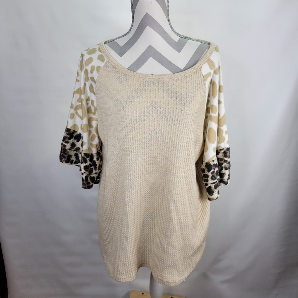 Bibi Multimedia Top Waffle Weave Body Velour Knit Bell Sleeves Large USA Made